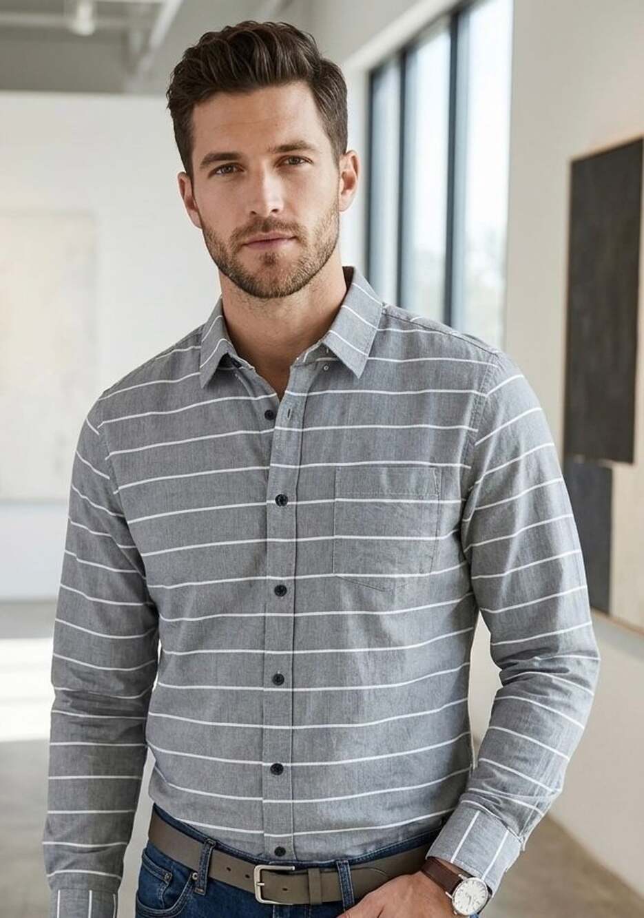 Route 66 Men's Long Sleeve Button Down Shirt in Grey and White Stripe